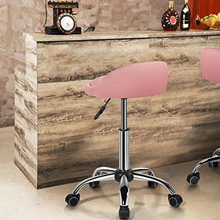 Yaheetech Rollhocker Bürohocker mit Rollen, Drehhocker mit niedriger Rückenlehne, Arbeitshocker Höhenverstellbar, Sitzhöhe 46,5-61 cm, Hellrosa – Bild 5