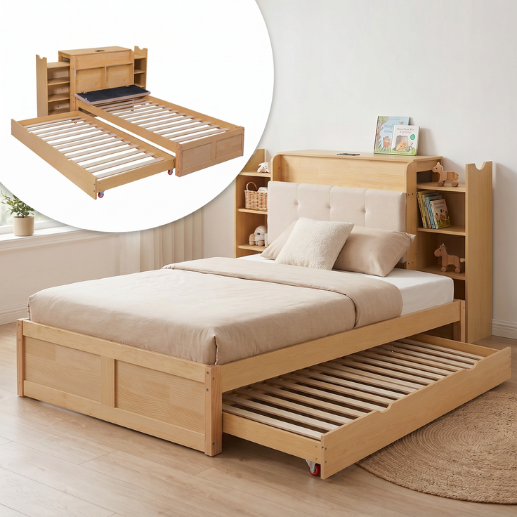 Abrihome Ausziehbett 90x200 bis 180x200 cm, Massivholz & MDF, Einzel-/Doppelbett, Rollen, Natur – Bild 2