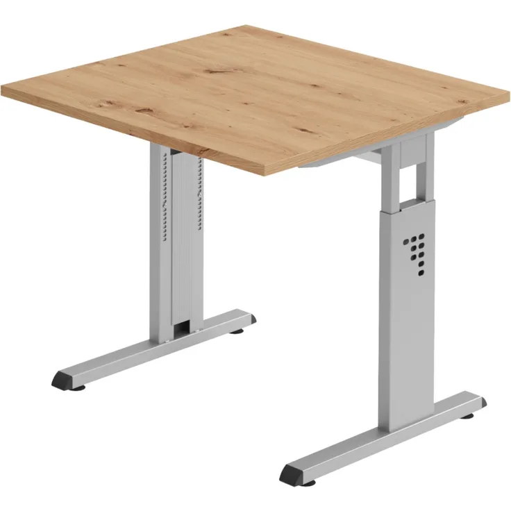 bümö höhenverstellbarer Schreibtisch O-Serie 80x80 cm in Asteiche, Gestell in Silber - PC Tisch klein für's Büro manuell höhenverstellbar, Computertisch verstellbar, OS-08-R-S