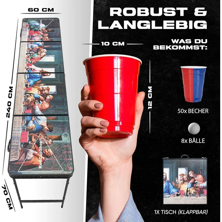 RedCupShop® 'Abendmahl' Bierpong Tisch, inkl. 50 Bechern und 8 Bällen, klappbar, tragbar, wasserabweisend & kratzfest, Aluminium / MDF, 240 x 60 x 70 cm – Bild 5
