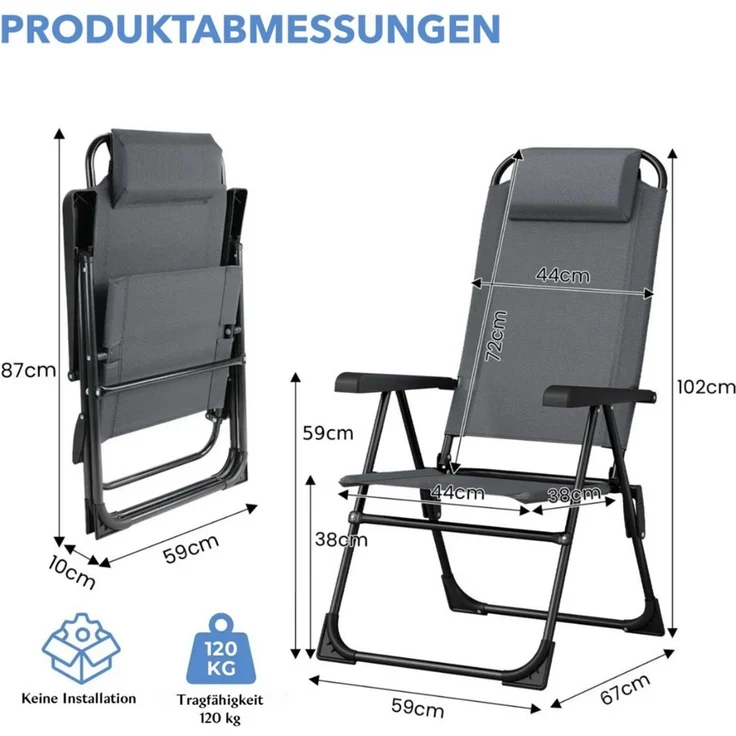 TLGREEN Campingstuhl Klappstuhl mit Kopfkissen, (5-stufig verstellbar Gartenstuhl Liegestuhl, 4 St), für Outdoor Balkon Strand bis 120 kg belastbar – Bild 2