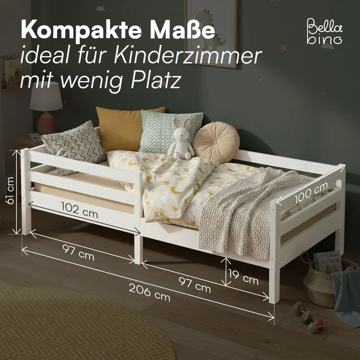 Bellabino 'Iskri' Kinderbett 90x200 cm, weiß, Massivholz Kiefer, Jugendbett mit Rausfallschutz und Lattenrost – Bild 7