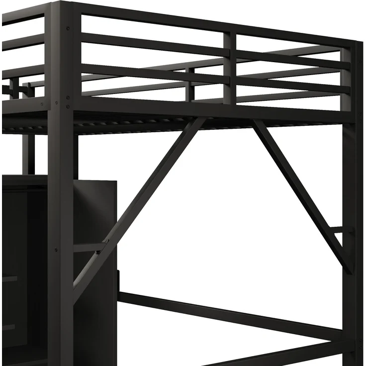 U-life Metall-Hochbett 140x200 cm mit Staufächern, Kleiderschrank, Treppe und LED-Beleuchtung, Schwarz – Bild 8