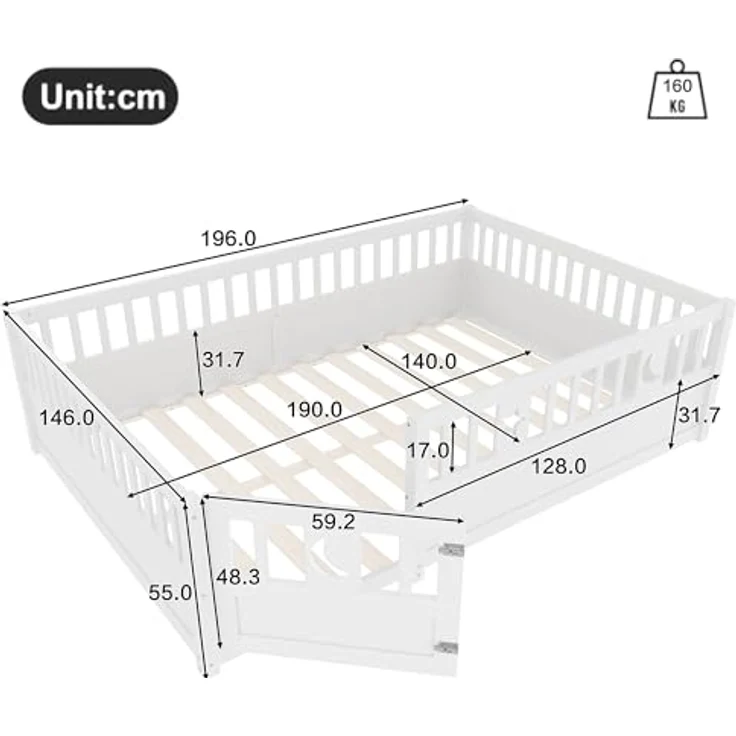 Ball & Cast Bodenbett (140x190 cm), Kids Bed und Jugendbett mit Stern- & Monddekoration, Kinderbett 90x200 mit rausfallschutz, Weiß – Bild 2
