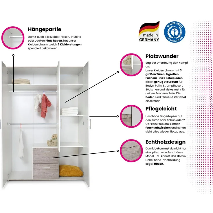 OTTO home Jugendzimmer-Set Set »Riekke«, viel Stauraum, (Spar-Set, 4-tlg, Kleiderschrank 3 türig, Hochbett, Standregal, Schreibtisch), Hochbett, Etagenbett, Ablagefach unter dem Bett, Blauer Engel – Bild 3