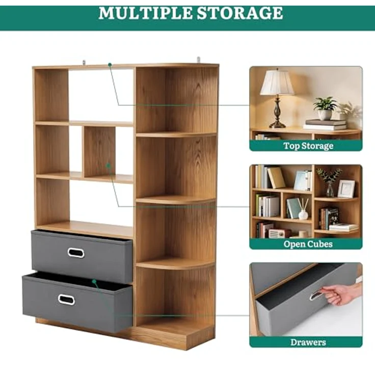 YITAHOME Freistehend Freistehendes Bücherregal mit 8 offenen Regalböden und 2 Schubladen (Stoffbezug) für Wohnzimmer, Schlafzimmer, Büro, Eichenfarbe, 80 × 24 × 115 cm (B × T × H) – Bild 5