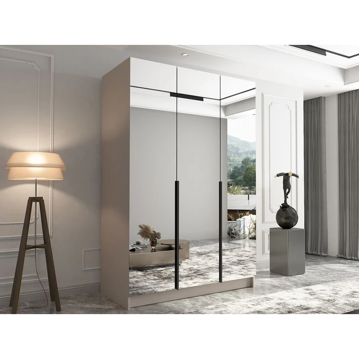 Mirjan24 'Cikzori' Kleiderschrank mit Einlegeböden und Kleiderstange, 3-türig, Laminatplatte, 215 x 58 x 150 cm, Cashmere / Schwarz, mit Spiegelfront – Bild 3