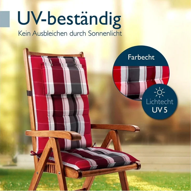 Beautissu Hochlehnerauflage 6er Set Sun-HL Hochlehner Auflage 120x50x8cm Rot-Anthrazit-Gestreift, Mit Kopfpolster, rutschfest & robust – Befestigungsbänder, UV 5 – Bild 3