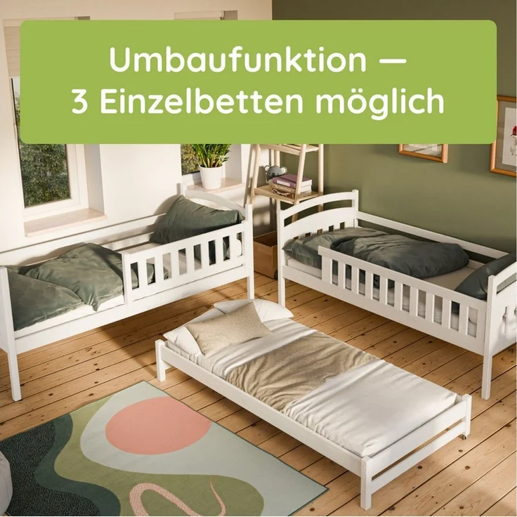 Kids Collective Etagenbett Hochbett Stockbett Kinderbett 90x200 cm mit Ausziehbett und Schubladen, Umbaubar zu 3 Einzelbetten mit Lattenrosten & Rausfallschutz, Kaschmir – Bild 3