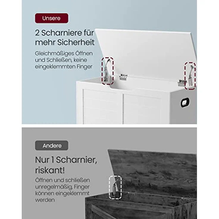 VASAGLE Schuhbank, Sitzbank mit Stauraum, Sitztruhe mit 2 Sicherheitsscharnieren, Aufbewahrungsschrank, Landhausstil, 40 x 80 x 46 cm, für Flur, Schlafzimmer, Wohnzimmer, wolkenweiß LSB063T14 – Bild 7