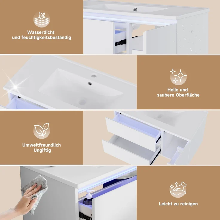 91.5×46.5×50.5cm wandhängender Waschtischunterschrank,hochwertig lackiert,LED-Radarsensorleuchte, Ablagefach an der Tür, zwei Schubladen mit geräuschlosen Auszugsschienen,Keramikwaschbecken,weiß – Bild 10