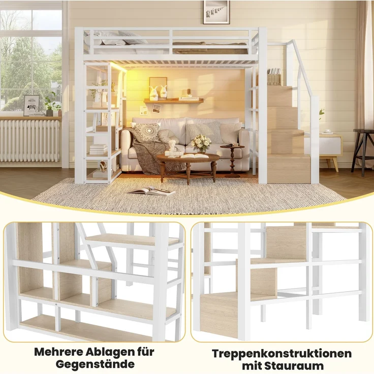 CHICFURN Hochbett Metall und MDF Weiß 140x200 cm mit LED-Beleuchtung und Stauraum – Bild 6