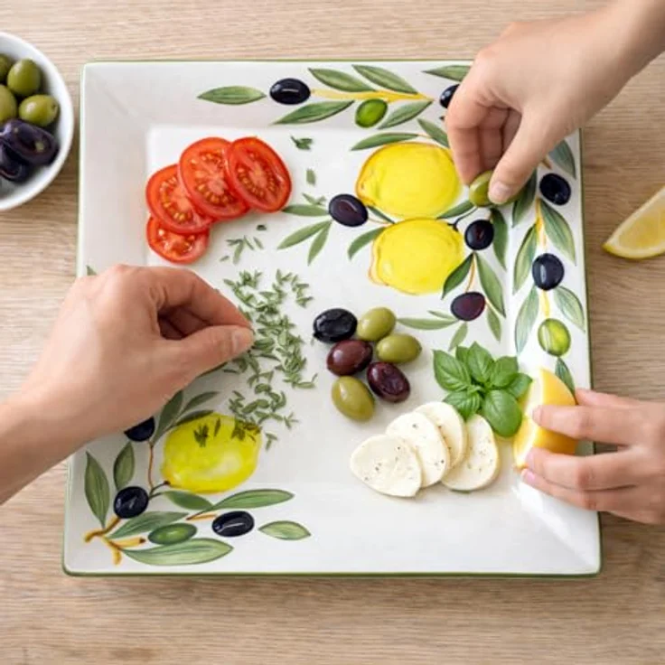 Lashuma Servierplatte Zitrone Olive, Keramik, (1-tlg, 27 x 27 cm), Quadratischer Obstteller mit Zitronen Oliven Design – Bild 4