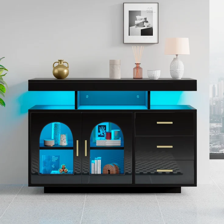 DESVIAE Sideboard mit RGB-LED-Beleuchtung und 3 Schubladen 120x80x40 cm Spanplatte Schwarz – Bild 2