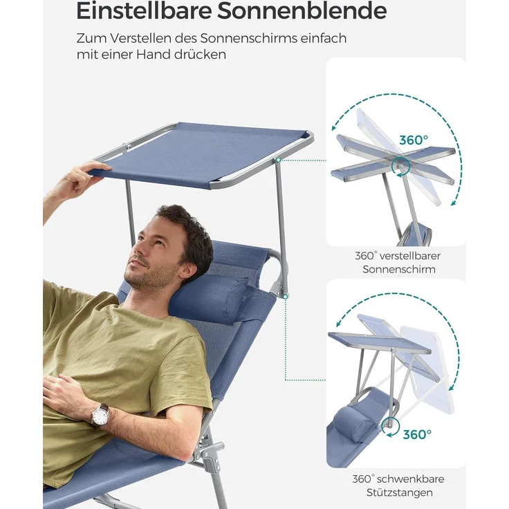 SONGMICS Sonnenliege, klappbarer Liegestuhl, 193 x 53 x 29 cm, max. Belastbarkeit 150 kg, mit Sonnenschutz, Kopfstütze und Verstellbarer Rückenlehne, für Garten, Pool, Terrasse, blau GCB192Q01 – Bild 5