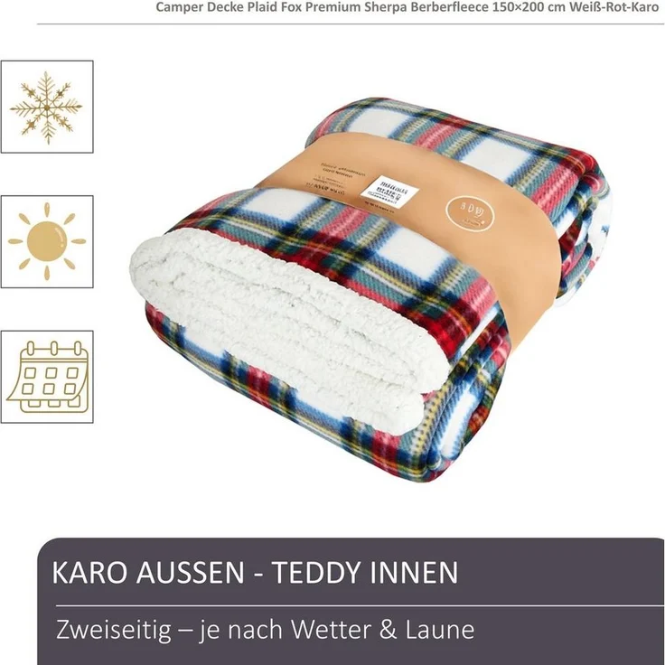 Plaid Black Forest Fox Kuscheldecke Karo 150x200 mit Teddyseite fürs Camping, BLACK FOREST FOX – Bild 2