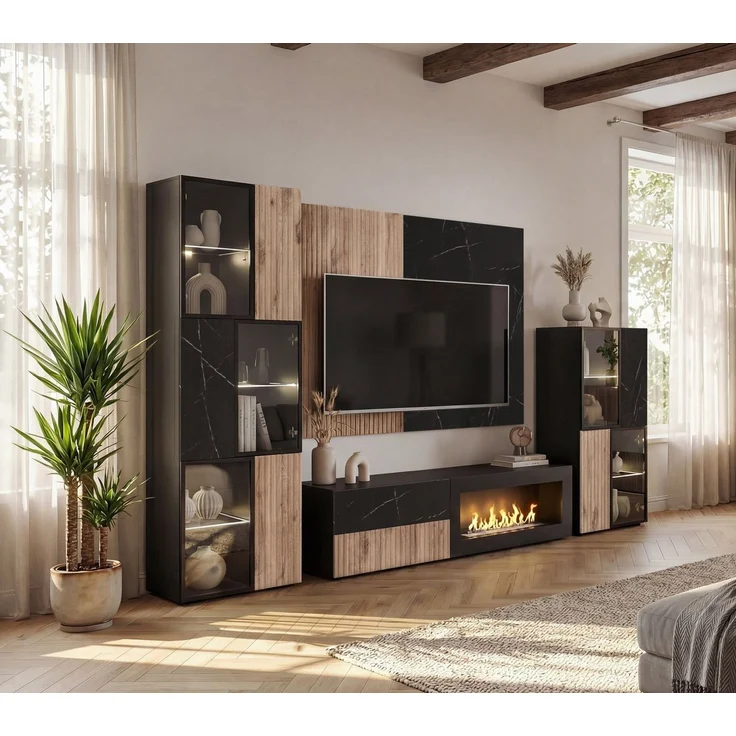 ASM-Moebel Wohnwand Wohnwand CANNES CS2 R-K mit Bio Ethanol Kamin LED und Push - Click, Mit Bio-Ethanol Kamin, Led Beleuchtung und Push - Click Sytem – Bild 1
