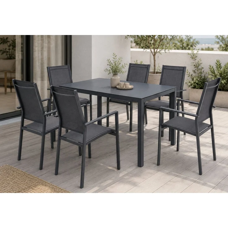 Home Collective Gartenlounge-Set Balkonmöbel Essgruppe Outdoor Terrassenmöbel Sitzgruppe für 6 Personen, beschichtetes Metall, atmungsaktives Textil-Gewebe, Dunkelgrau/Schwarz – Bild 1