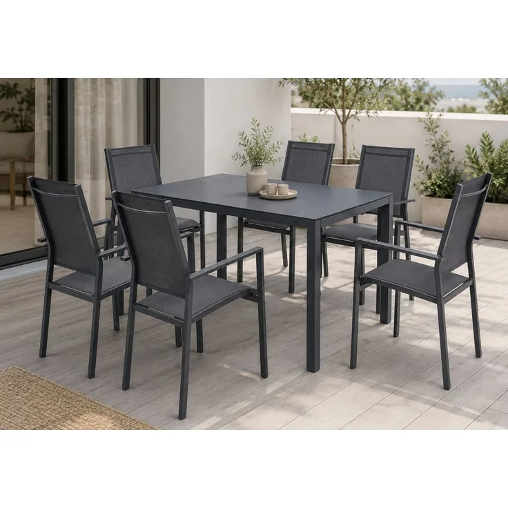 Home Collective Gartenlounge-Set Balkonmöbel Essgruppe Outdoor Terrassenmöbel Sitzgruppe für 6 Personen, beschichtetes Metall, atmungsaktives Textil-Gewebe, Dunkelgrau/Schwarz