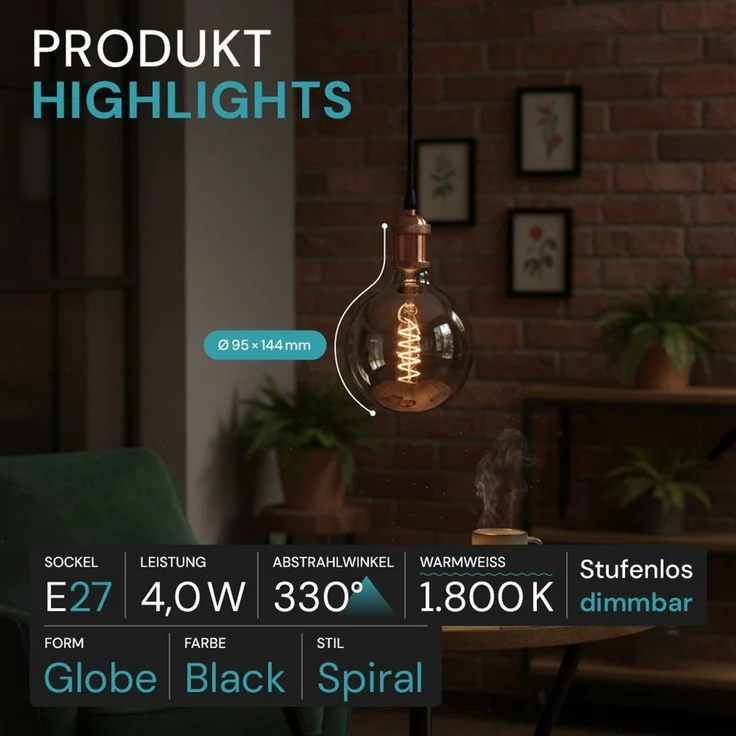 LUXULA LED-Leuchtmittel LUXULA E27 Leuchtmittel 4W 1800K Warmweiß LED Lampe Dimmbar, E27, Warmweiß, LED Filament für klassisches Retro Design, dimmbar – Bild 2