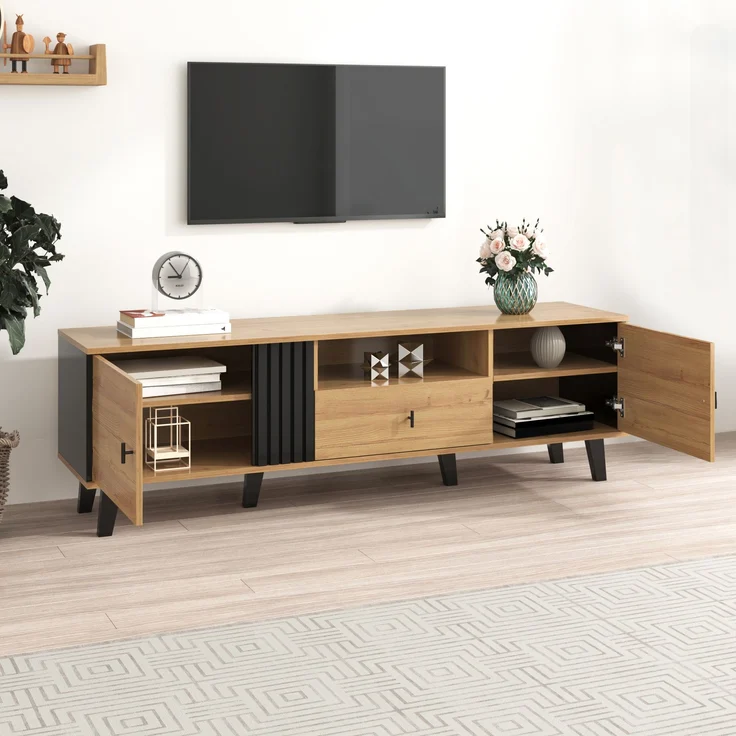 TV-Lowboard aus Spanplatte mit Glas, 2 Türen & Schublade, 170x40x50,5 cm, Natur/Schwarz – Bild 2