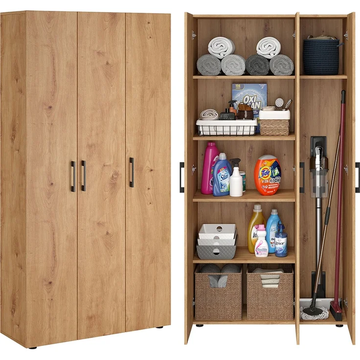 Bellamio 'Apol' Mehrzweckschrank, Eichenoptik, 176x33x90 cm, Putzschrank mit 3 Türen und 5 Regalen, Besenschrank mit Staubsaugerfach – Bild 1