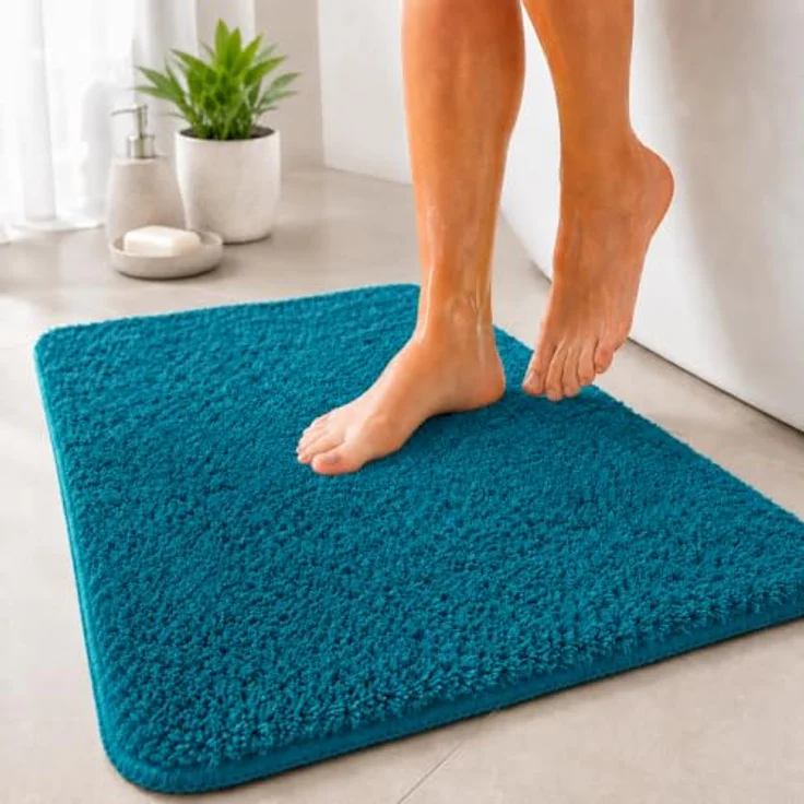 Floordirekt Badematte Sky, Hochflor Badezimmerteppich, weich, rutschhemmend, schnell trocknend, geeignet für Fußbodenheizung, eckig & rund (50 x 60 cm, Petrol) – Bild 1