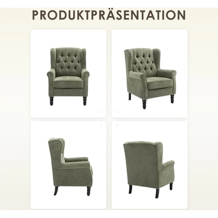 COLAMY Mid-Century Modern Sessel Wohnzimmer, Gepolsterter Wingback-Sessel mit Knopfsteppung, loungesessel Bezug aus Gewebe mit Massivholzbeinen für Wohnzimmer, Büro, Café - Grün – Bild 7