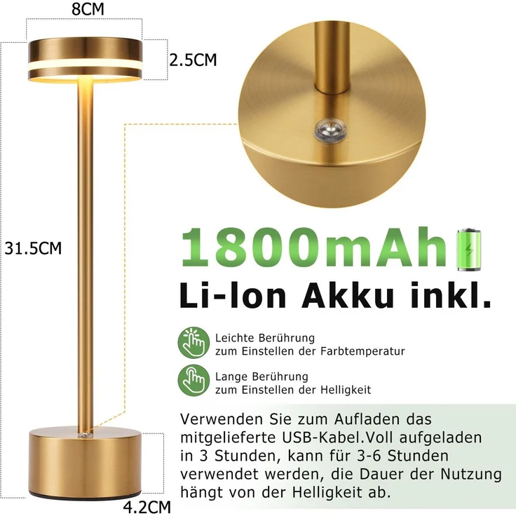 ZMH Tischlampe Akku LED Tischleuchte Kabellos - Nachttischlampe Dimmbare mit USB-C Aufladbar Batterie Touch Lampe Gold Tischlampen für Schlafzimmer Esszimmer Büro- 2ER – Bild 5