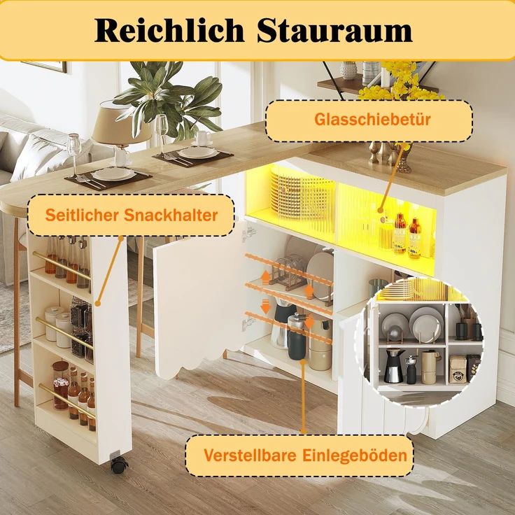 Merax Ausziehbarer Bartisch mit Stauraum(135-205×39×100cm) , Moderner Beweglicher Bar Table, Teleskopischer Bartisch mit LED, Stehtisch Bistrotisch, Weiß – Bild 5