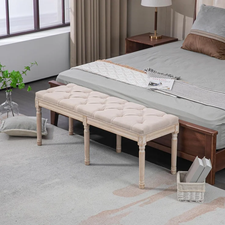 HOMCOM Polsterbank Schlafzimmerbank mit Knöpfen (Sitzbank, 1-St, Bettbank), Beige 117 x 40 x 48 cm – Bild 2