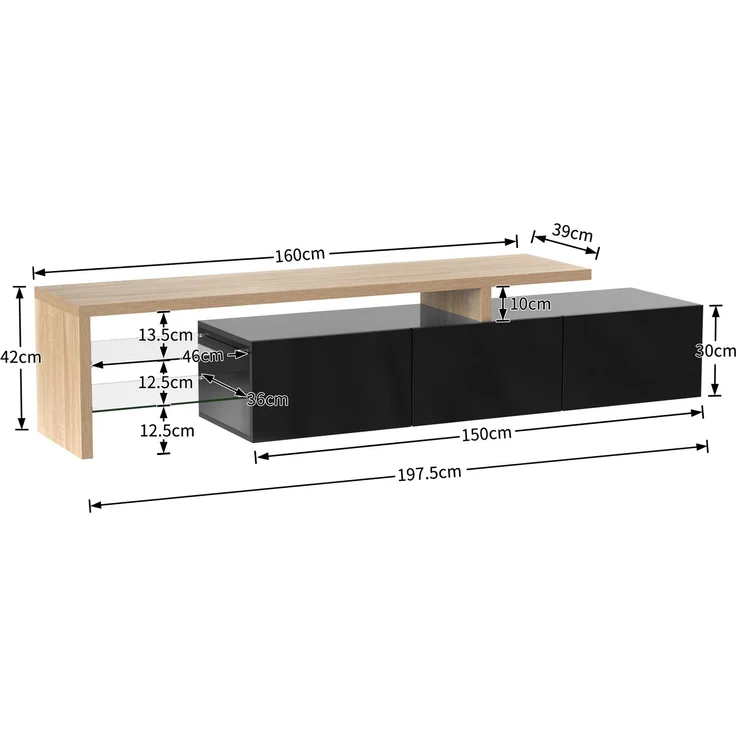 TV-Lowboard 197.5 cm mit LED-Beleuchtung, Glasböden & 3 Schränken, modernes Schwarz-Holz Design für Wohnzimmer – Bild 7