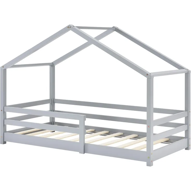 [en.casa] Hausbett Hellgrau 70x140 cm, inkl. Lattenrost und Rausfallschutz