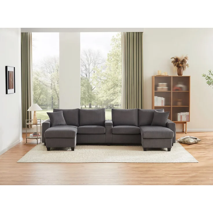 U-förmiges Sofa 334x128,5x81 cm in Grau, Cord, mit USB/Type-C, Leselampe, Stauraum und LED-Armlehnen – Bild 4