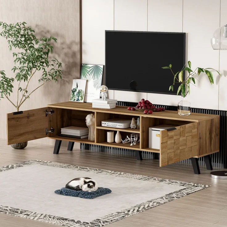 TV-Schrank Fernsehtisch Lowboard Holzoptik modern 160 cm Sideboard Medienkonsole mit Türen und offenen Fächern Wohnzimmermöbel – Bild 5