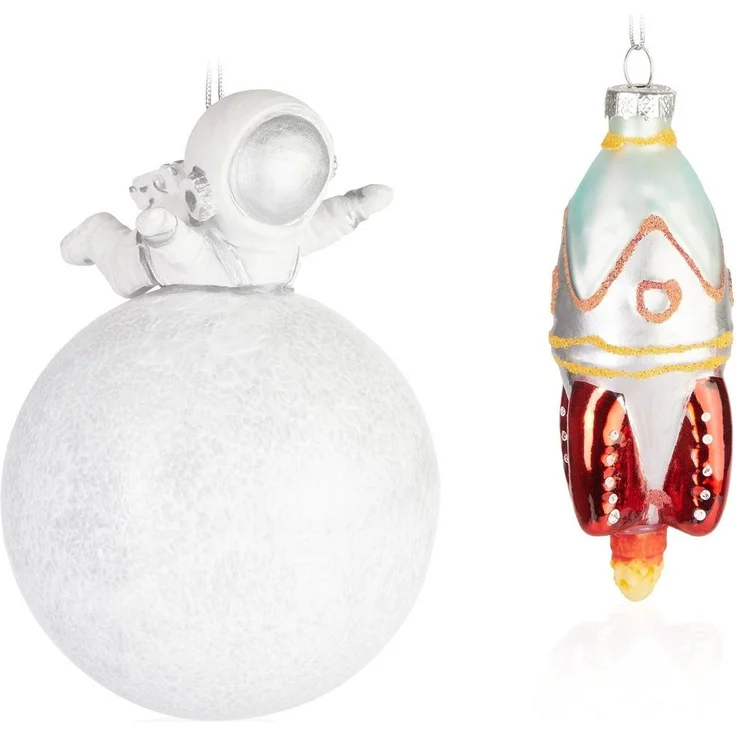BRUBAKER Weihnachtsbaumkugel Weihnachtskugel Set Weltall Weltraum - Astronaut Mond und Rakete (2 St), Space Christbaumschmuck aus Glas - Baumschmuck – Bild 5