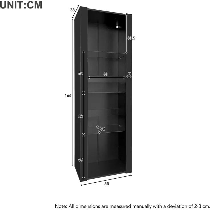 Schwarzer Hochglanz-Vitrinenschrank mit LED-Beleuchtung, 3 Glasfächer, 55*38*166cm, Vitrine, Stehschrank, Hochschrank, Lagerschrank--Schwarz--176.5x46x14.5cm--YOUDENOVA – Bild 6