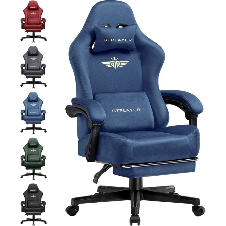GTPLAYER Gaming Stuhl, Atmungsaktiver Bürostuhl, bürostuhl ergonomisch, Hochwertiger - Stoff, Ergonomischer PC Stuhl, 160° Verstellbare Rückenlehne und ausziehbare Fußstütze, Blau – Bild 1