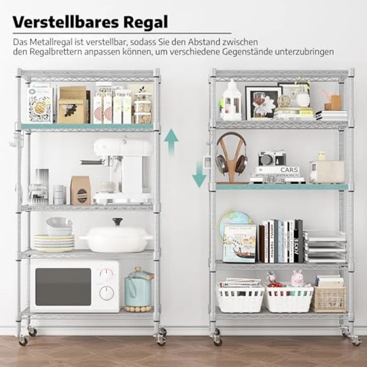 Regal mit 5 Regalböden und Rädern, Robustes Metalldrahtregal mit Haken, höhenverstellbar, für Badezimmer, Küche, Garage (76 x 35 x 158 cm), Silber – Bild 5