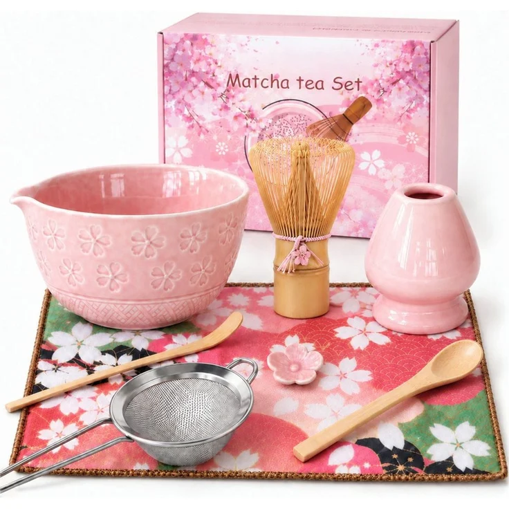 PFCTART Teeservice Matcha Set mit Pulver, Matcha Besen & Matcha Schale, 8-teilig (8-tlg), Bambus, Keramik, Baumwolle, Matcha Tee Set: Keramik-Schale, Besen, Keramikhalter, Bambuslöffel – Bild 1