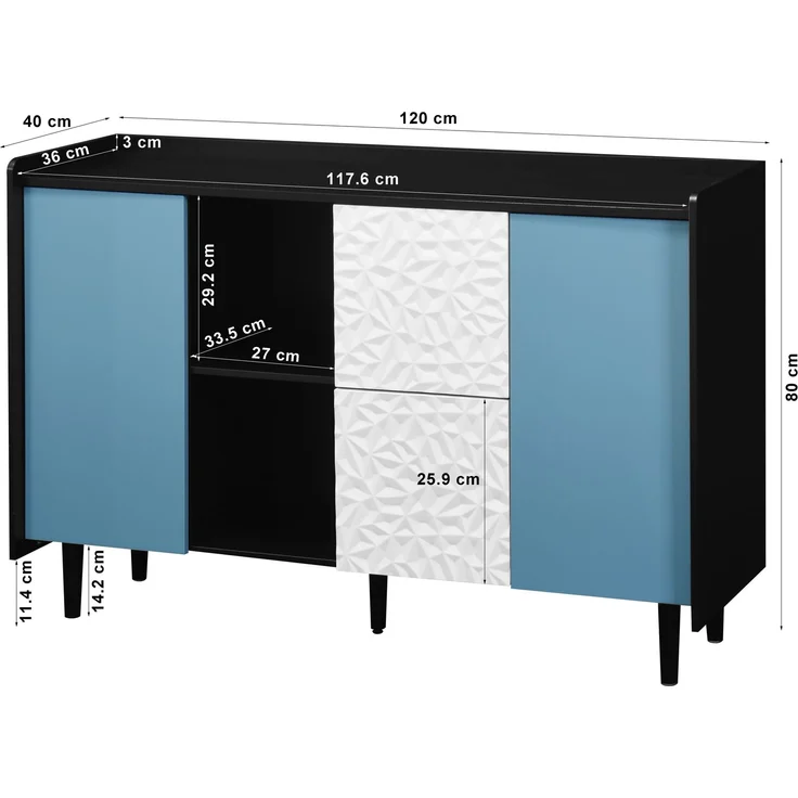 Schwarzes Sideboard-Buffetschrank mit blauen Türen – 2 Schubladen und offener Stauraum für Küche und Wohnzimmer – Bild 8