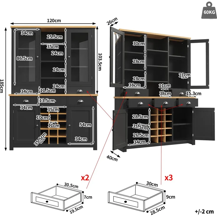 Merax Mehrzweck-Hochschrank für Zuhause mit Kippschutz, Standschrank für Küche und Wohnzimmer mit Glastür, Metallgriffen und Soft-Close-Funktion, herausnehmbares Weinregal, Schwarz – Bild 4