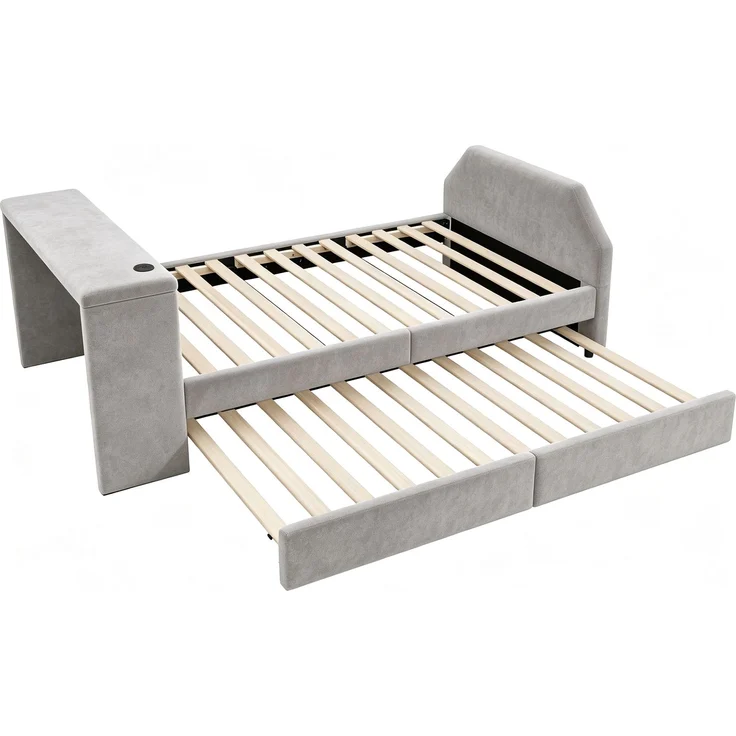 Merax Einzelbett, Kinderbett, Polsterbett 90 x 200cm mit integriertem Schreibtisch, USB-Ladeanschluss und ausziehbarem Gästebett; Samt-Bettgestell, Grau – Bild 8