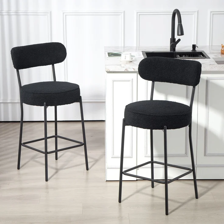 2er-Set Barstühle mit Polstersitz und Fußstütze, Fleece-Bezug, Metallrahmen, Schwarz--Schwarz--95x49x52cm--YOUDENOVA – Bild 3