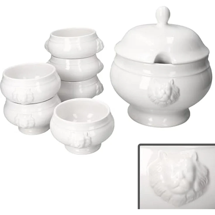 MamboCat Suppenschüssel 7tlg Set LEO Löwenkopf-Terrine mit & ohne Deckel 2L 0,25L weiß, Steingut – Bild 2