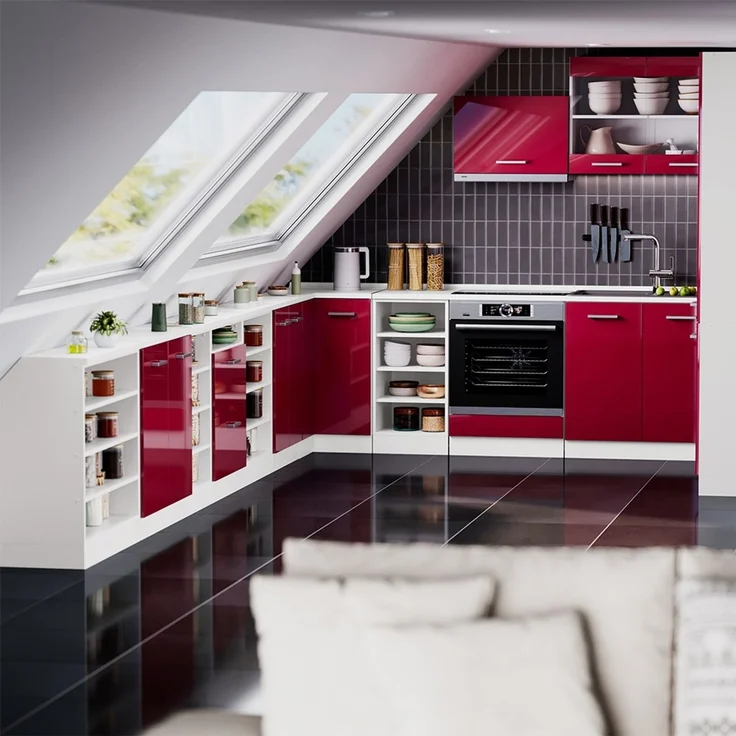 Küchenschrank für Dachschrägen R-Line Rot Hochglanz 60 cm mit 2 Schubladen, Schrankkorpus 60 cm Tiefe Vicco – Bild 6