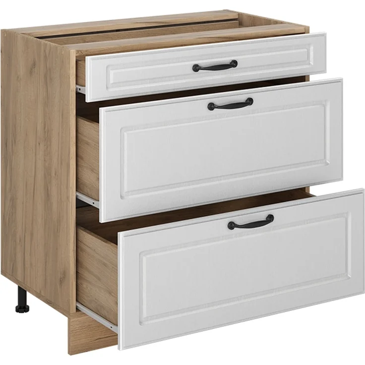 Küchenunterschrank R-Line Weiß Landhaus/Goldkraft Eiche 80 cm mit 3 Schubladen Arbeitsplatte Goldkraft Eiche Vicco – Bild 3