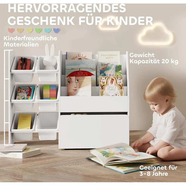 AIYAPLAY Spielzeugtruhe mit 6 herausnehmbaren Aufbewahrungsboxen, Bücherablage, rollbarer Box (Kinderregal, 1 St, Kinder-Bücherregal), mit Rädern, für Kinderzimmer, Spielzimmer, 100x30x80 cm, Weiß – Bild 8