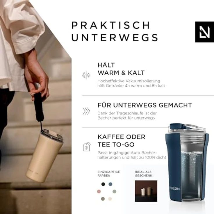 LARS NYSØM Thermo Kaffeebecher to go mit Trageschlaufe & Tritan Deckel | Travel Mug 0,38 Liter mit Isolierung | Auslaufsicherer Edelstahl Thermobecher für Café & Tee (Stone Blue, 380ml) – Bild 2