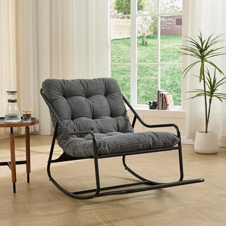 Ball & Cast Schaukelstuhl für Drinnen & Draußen, Rocking Chair mit Gepolstertem Kissen und Fußstütze, Balkonsessel für Wohnzimmer, Garten & Terrasse, Grau – Bild 5